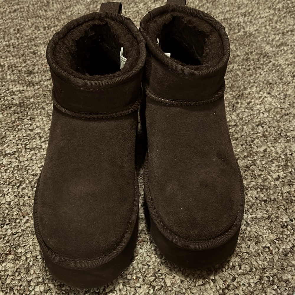 Brown short platform bearpaw boots